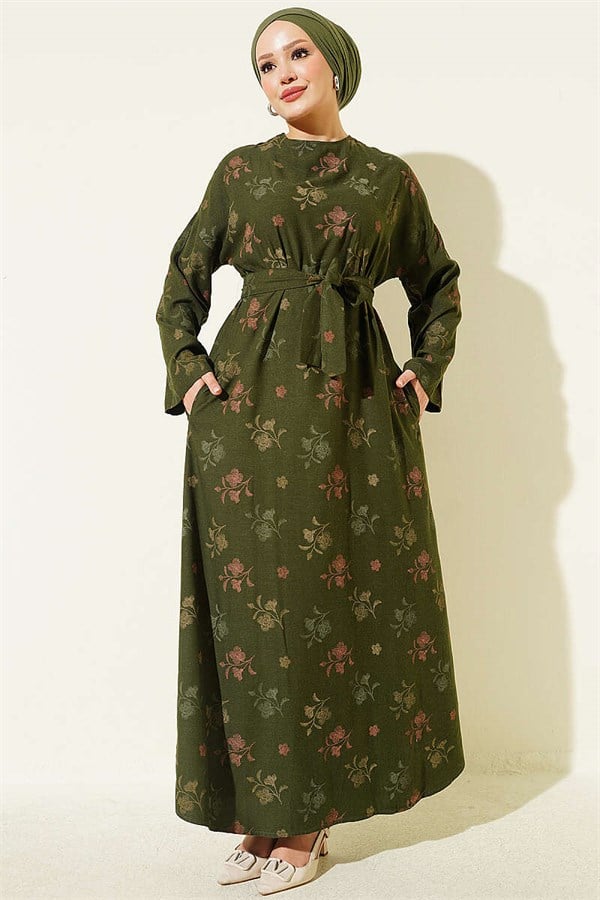 Crew Neck Dress with Floral Embroidery, Khaki