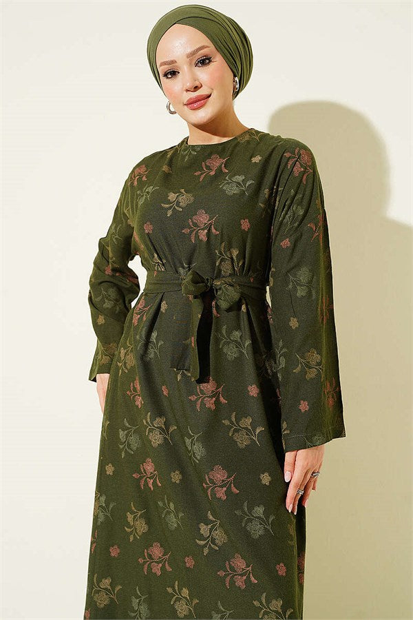 Crew Neck Dress with Floral Embroidery, Khaki