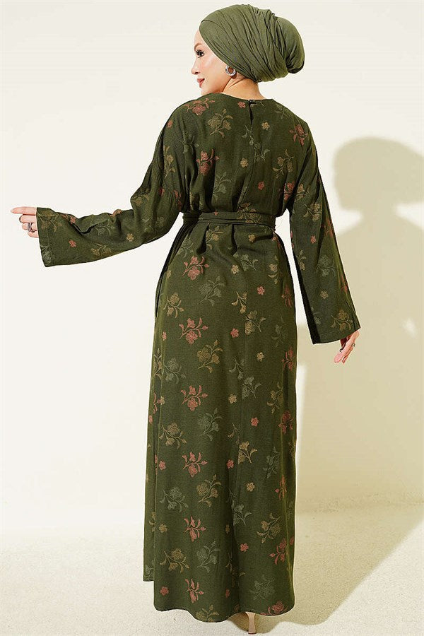Crew Neck Dress with Floral Embroidery, Khaki