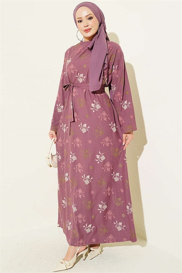 Crew Neck Dress with Floral Embroidery, Magenta