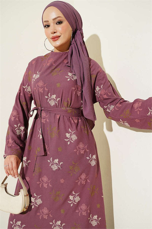 Crew Neck Dress with Floral Embroidery, Magenta