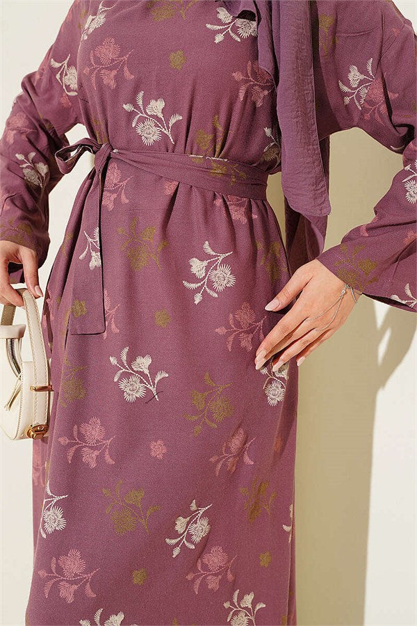 Crew Neck Dress with Floral Embroidery, Magenta