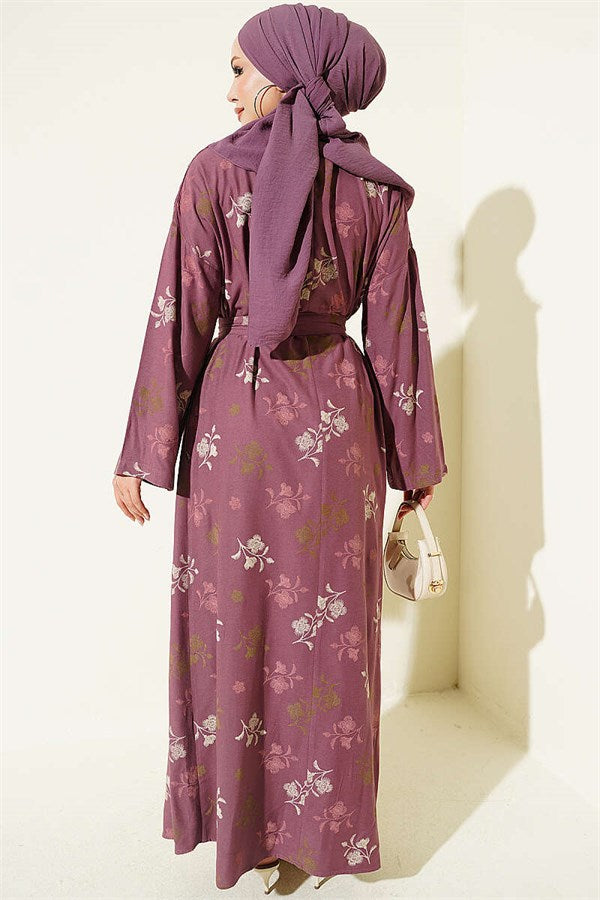 Crew Neck Dress with Floral Embroidery, Magenta