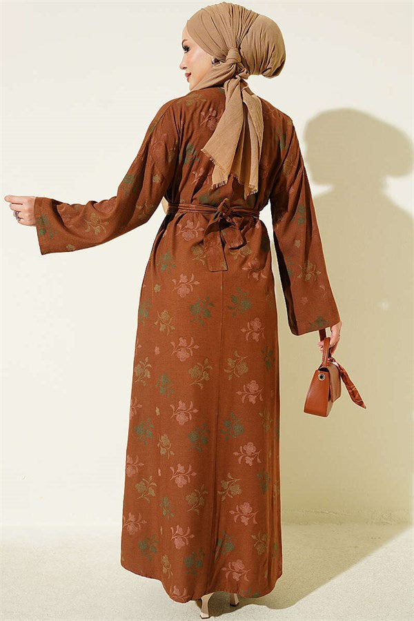 Crew Neck Dress with Floral Embroidery, Tan