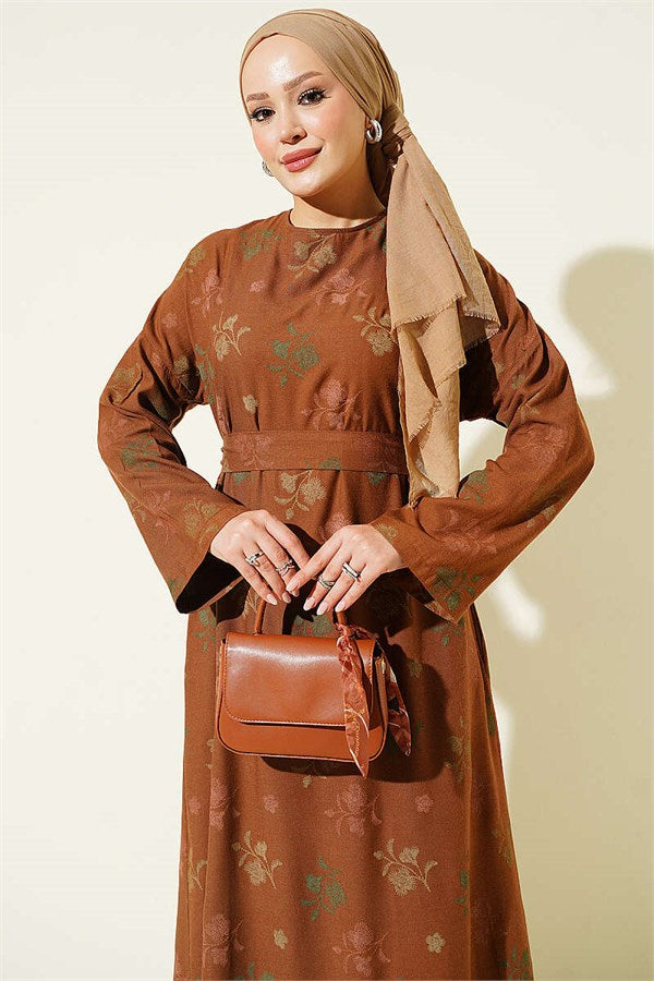 Crew Neck Dress with Floral Embroidery, Tan