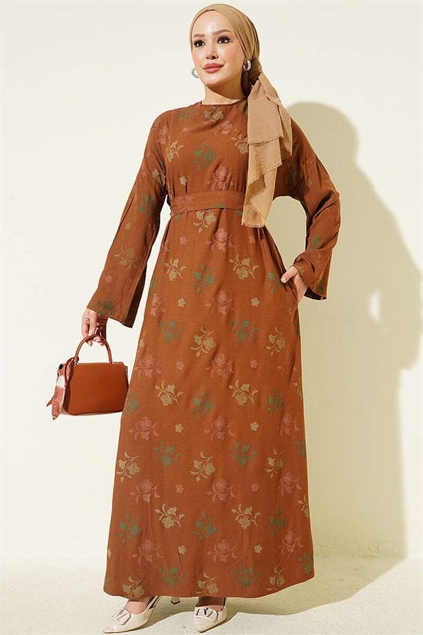 Crew Neck Dress with Floral Embroidery, Tan