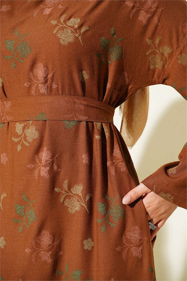 Crew Neck Dress with Floral Embroidery, Tan