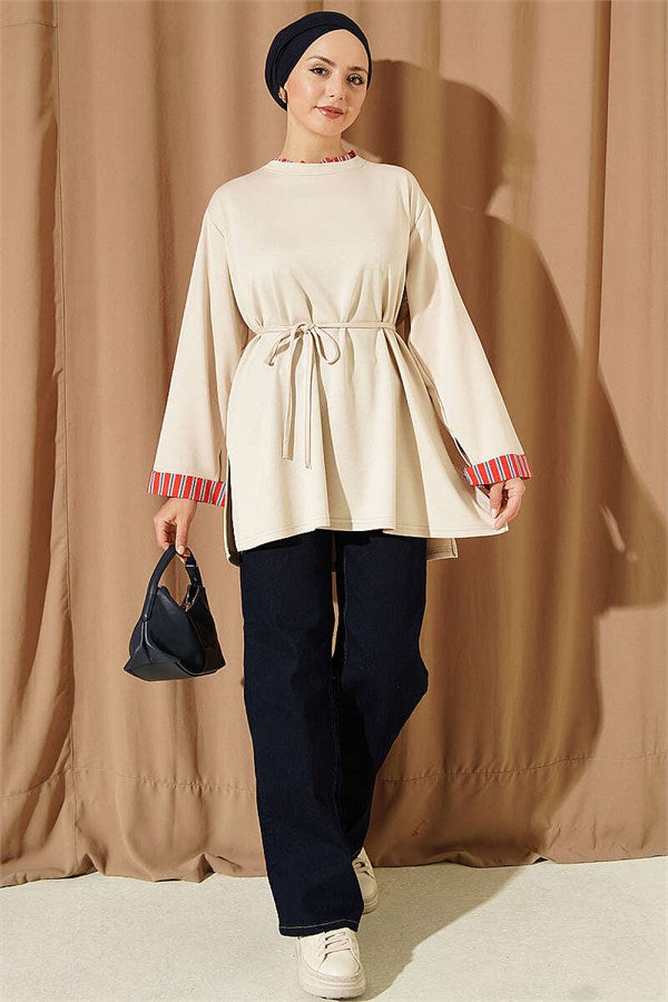 Crew Neck Striped Trimmed Tunic, Beige