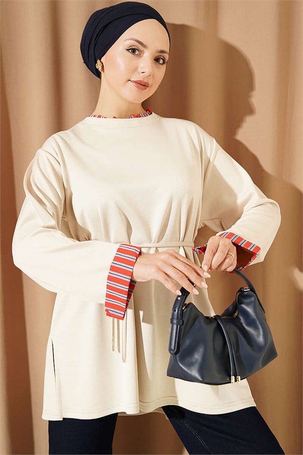 Crew Neck Striped Trimmed Tunic, Beige