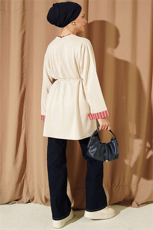 Crew Neck Striped Trimmed Tunic, Beige