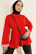 Crew Neck Striped Trimmed Tunic, Red