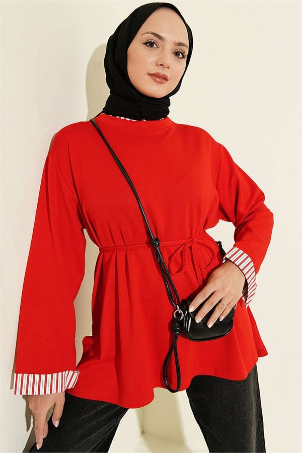 Crew Neck Striped Trimmed Tunic, Red