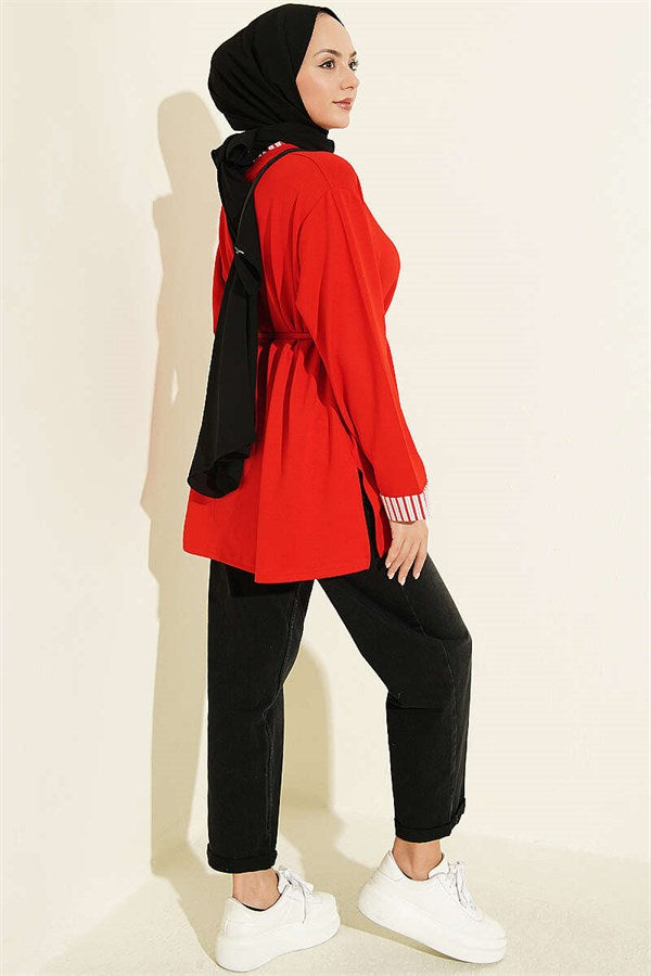 Crew Neck Striped Trimmed Tunic, Red