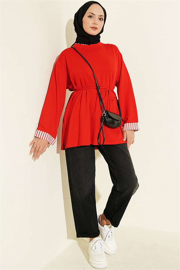 Crew Neck Striped Trimmed Tunic, Red