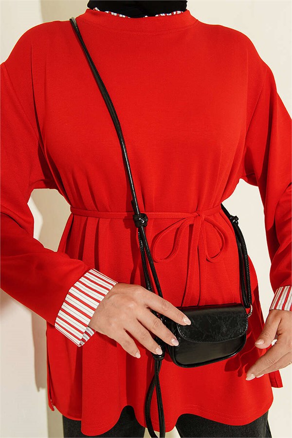 Crew Neck Striped Trimmed Tunic, Red