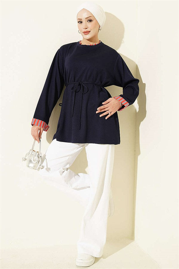 Crew Neck Striped Trimmed Tunic Navy Blue