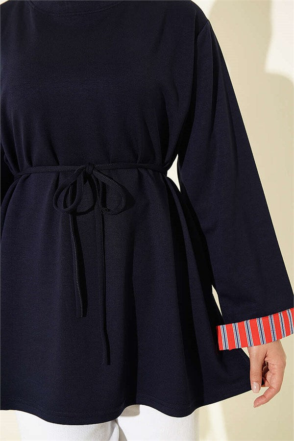 Crew Neck Striped Trimmed Tunic Navy Blue