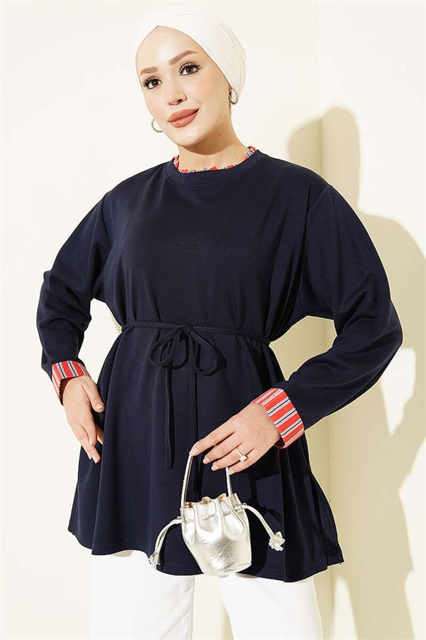 Crew Neck Striped Trimmed Tunic Navy Blue