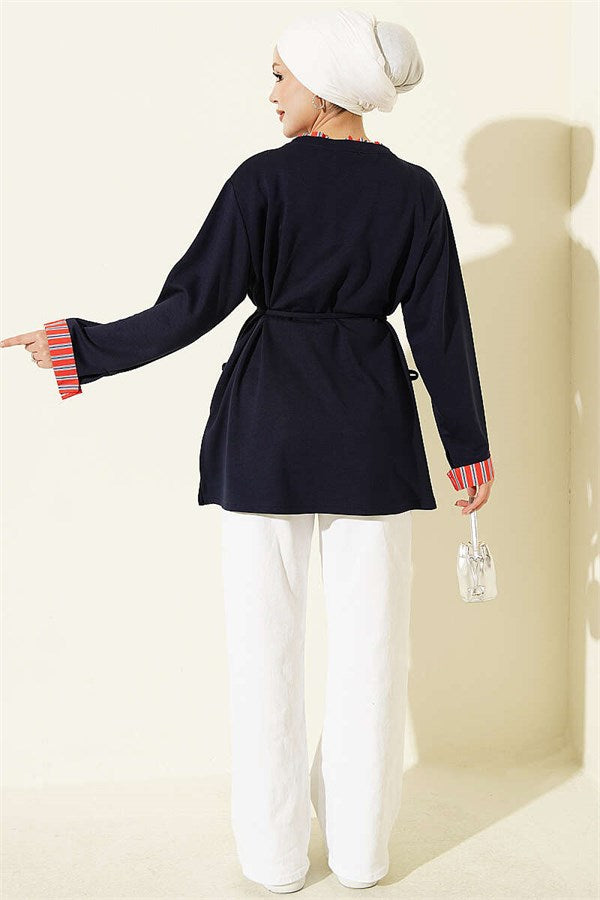 Crew Neck Striped Trimmed Tunic Navy Blue