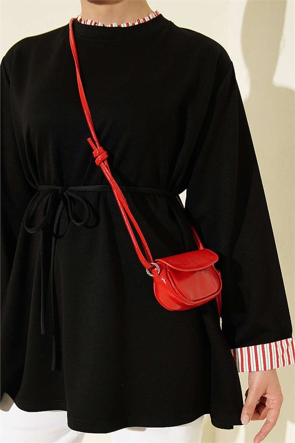 Crew Neck Striped Trimmed Tunic Black