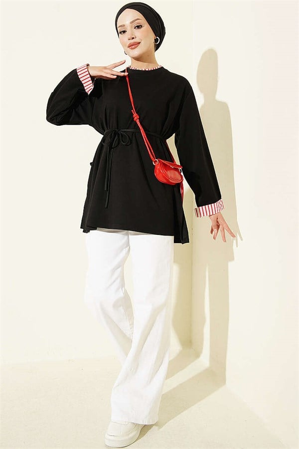 Crew Neck Striped Trimmed Tunic Black