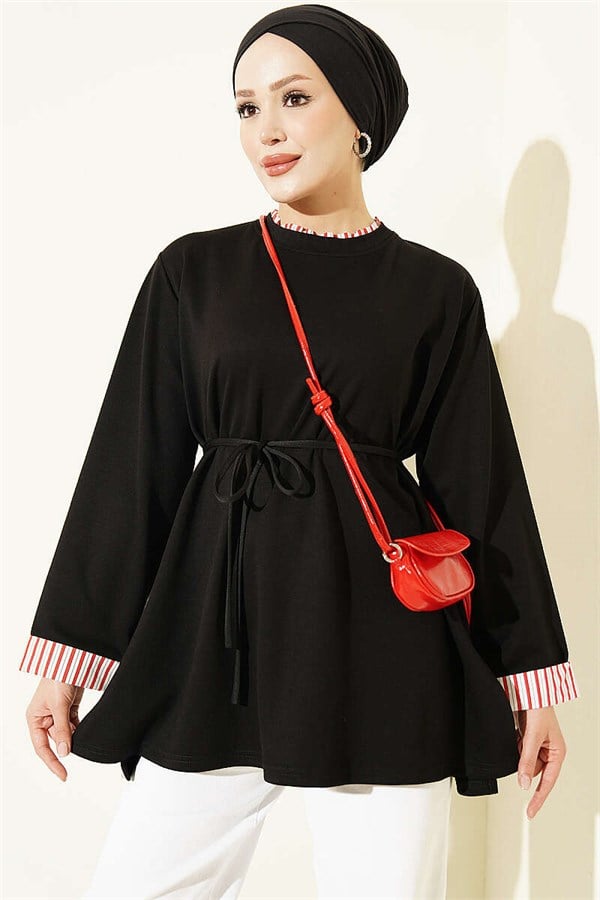 Crew Neck Striped Trimmed Tunic Black