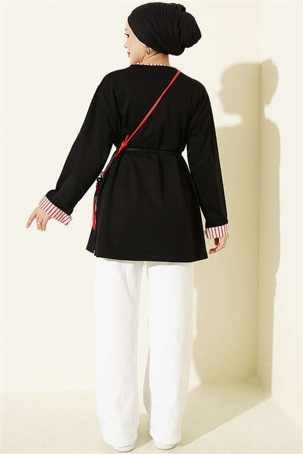 Crew Neck Striped Trimmed Tunic Black