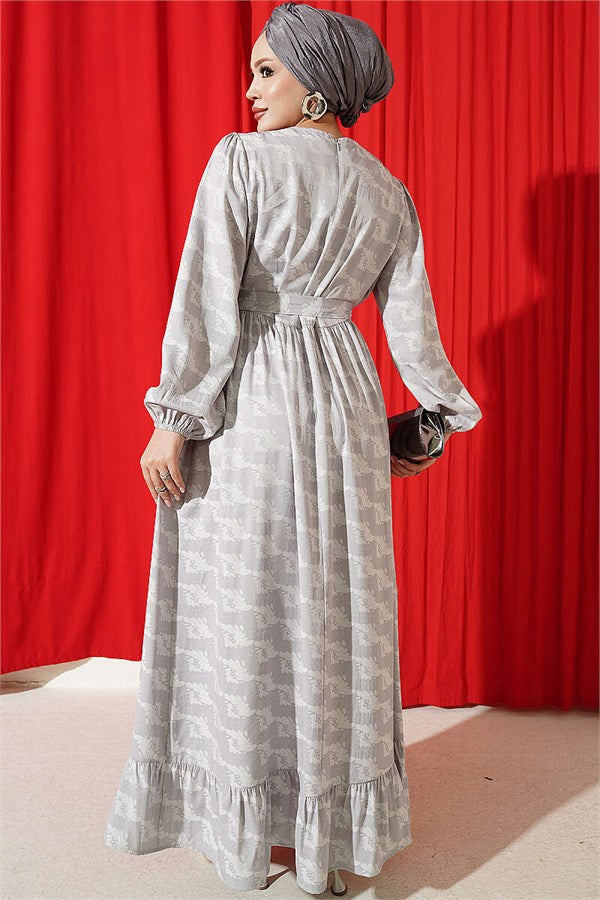 Crew Neck Patterned Dress Grey