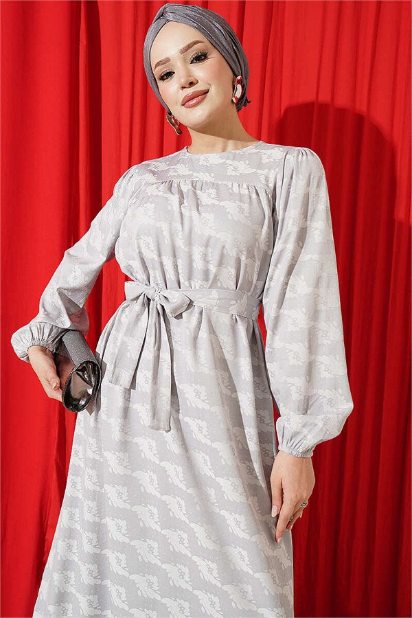 Crew Neck Patterned Dress Grey