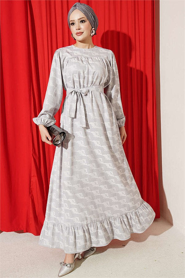 Crew Neck Patterned Dress Grey