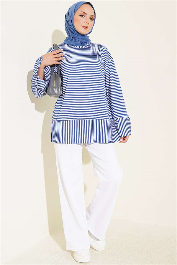 Crew Neck Tunic with Vertical Stripe Detail, Indigo