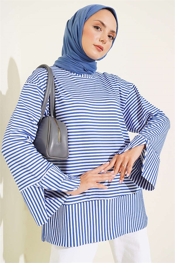 Crew Neck Tunic with Vertical Stripe Detail, Indigo