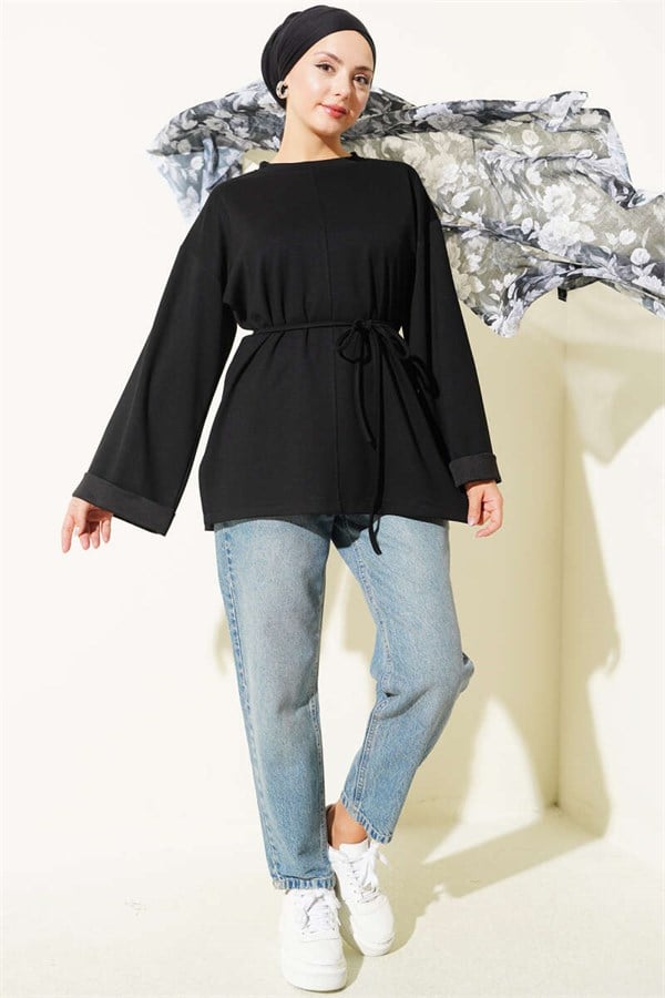 Crew Neck Double Sleeve Drawstring Tunic Black