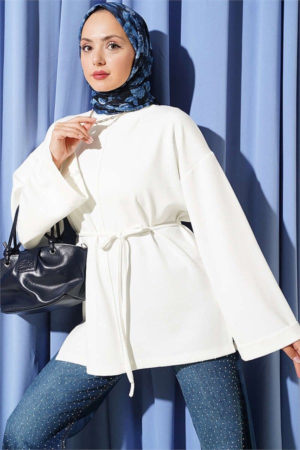Crew Neck Double Sleeve Drawstring Tunic, Ecru