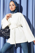 Crew Neck Double Sleeve Drawstring Tunic, Ecru