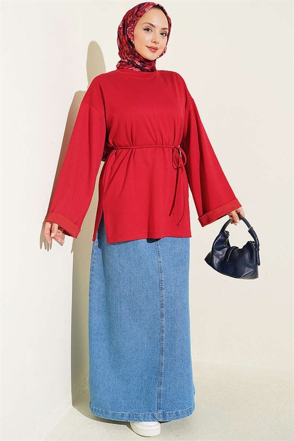 Crew Neck Double Sleeve Drawstring Tunic Red