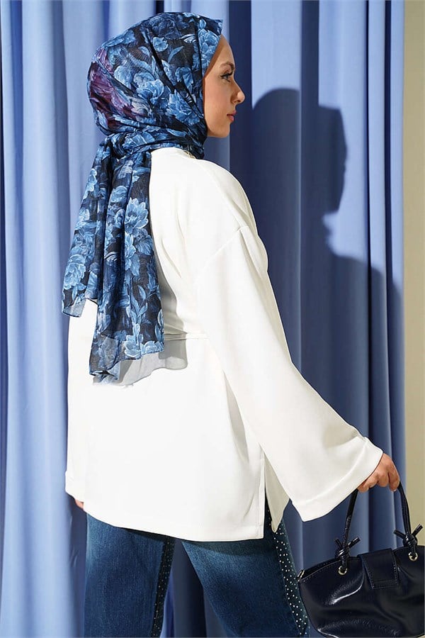 Crew Neck Double Sleeve Drawstring Tunic, Ecru