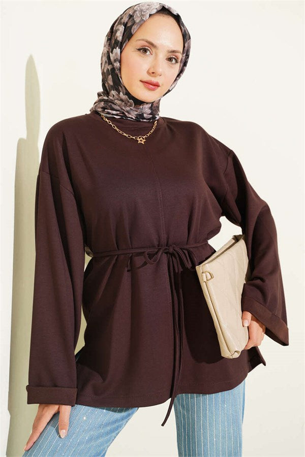 Crew Neck Double Sleeve Drawstring Tunic Dark Brown