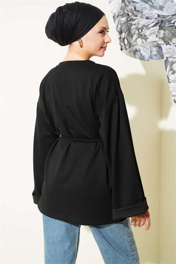 Crew Neck Double Sleeve Drawstring Tunic Black