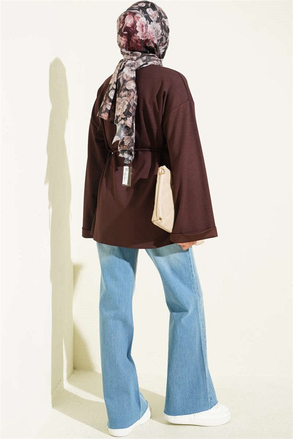 Crew Neck Double Sleeve Drawstring Tunic Dark Brown