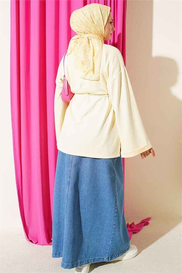 Crew Neck Double Sleeve Drawstring Tunic Yellow