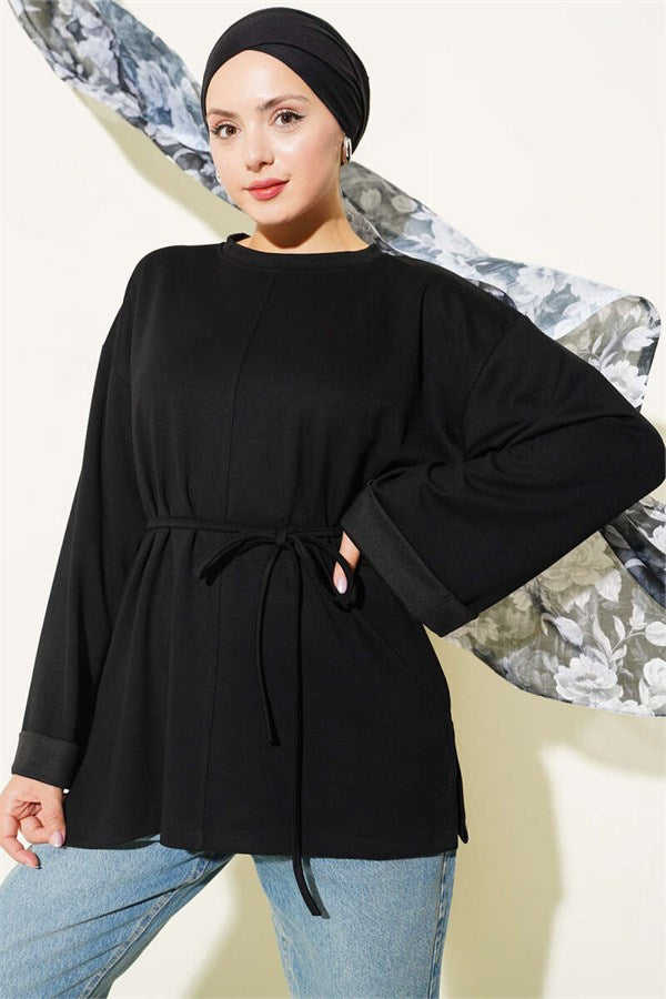 Crew Neck Double Sleeve Drawstring Tunic Black