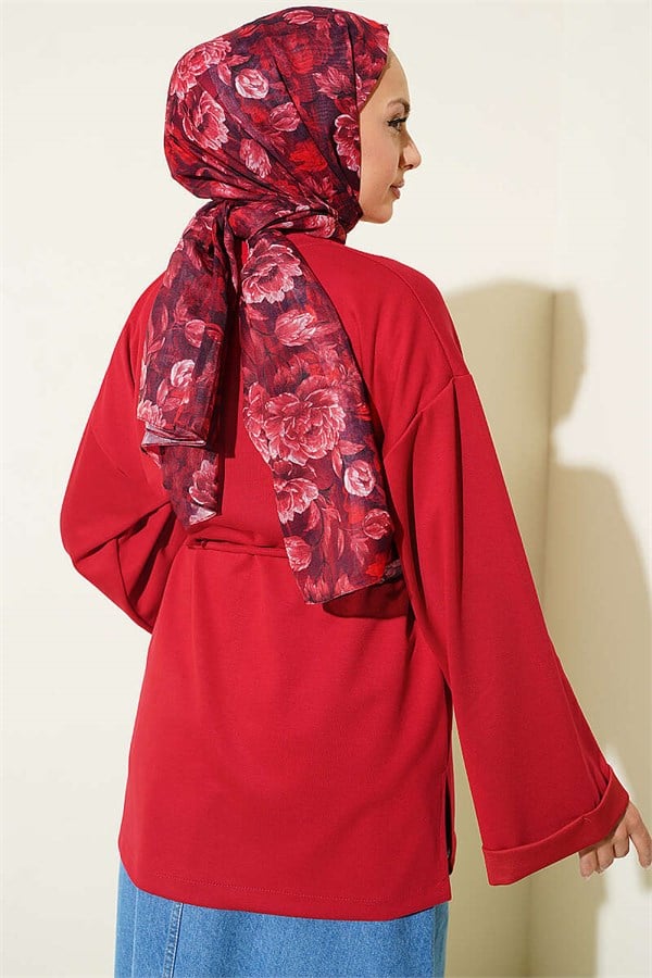 Crew Neck Double Sleeve Drawstring Tunic Red