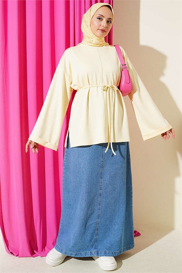 Crew Neck Double Sleeve Drawstring Tunic Yellow