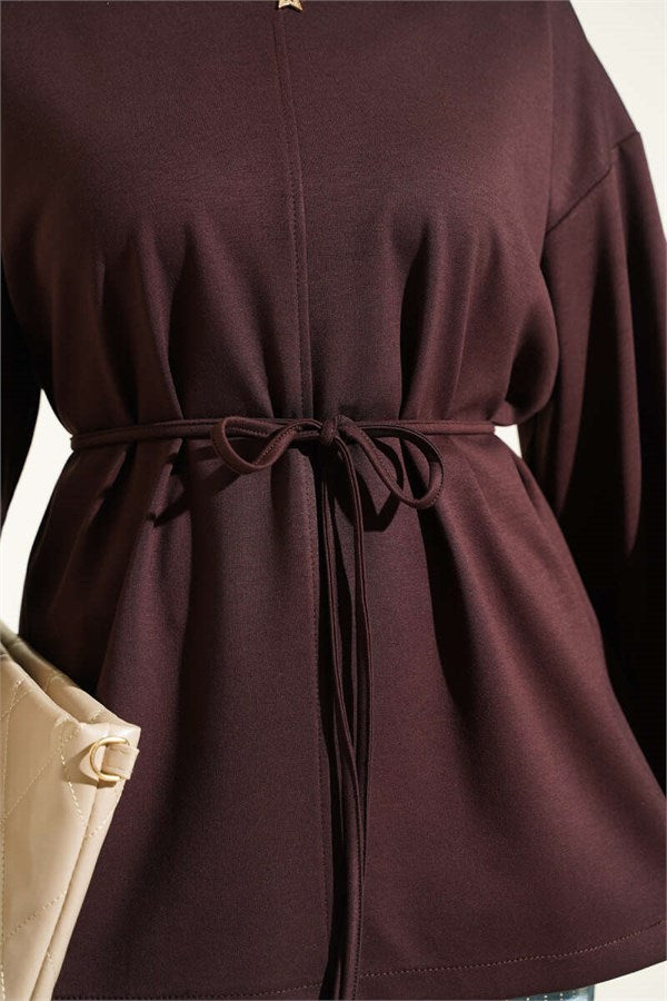 Crew Neck Double Sleeve Drawstring Tunic Dark Brown