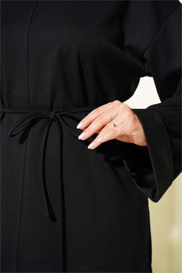 Crew Neck Double Sleeve Drawstring Tunic Black