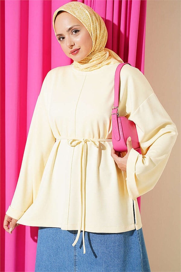Crew Neck Double Sleeve Drawstring Tunic Yellow