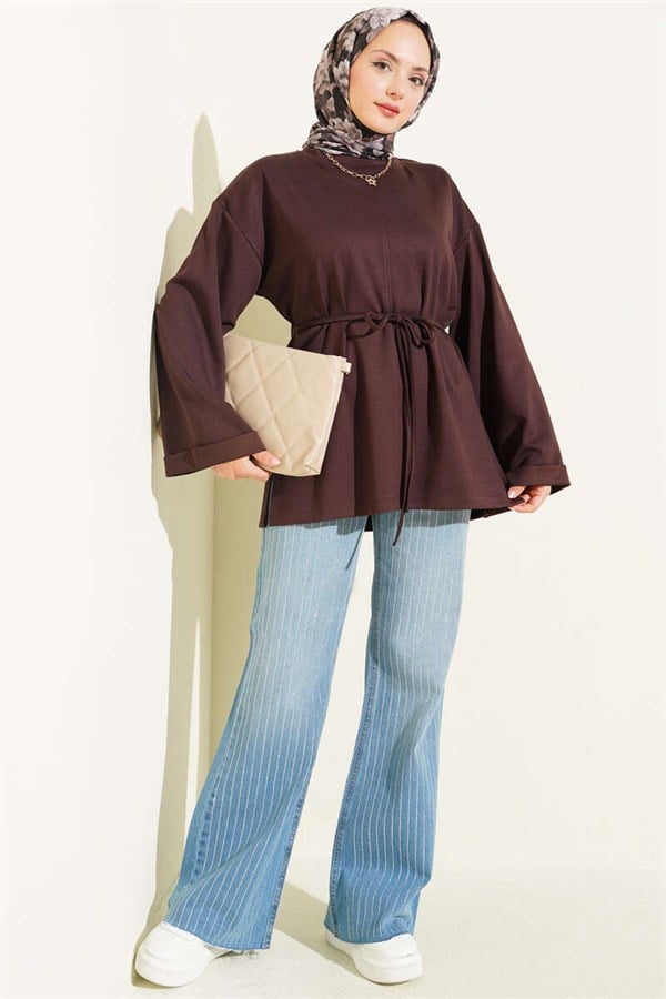 Crew Neck Double Sleeve Drawstring Tunic Dark Brown