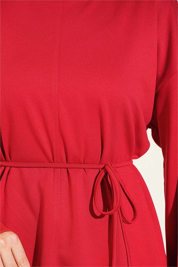 Crew Neck Double Sleeve Drawstring Tunic Red