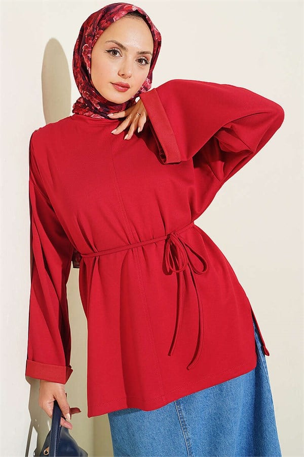 Crew Neck Double Sleeve Drawstring Tunic Red
